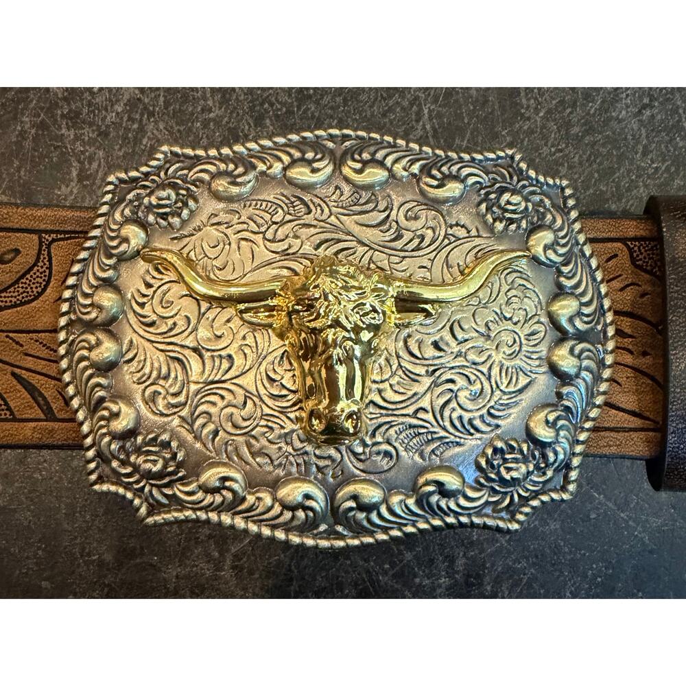 Western Longhorn Style Belt Cast Buckle Floral & Longhorn Bull Head Unisex